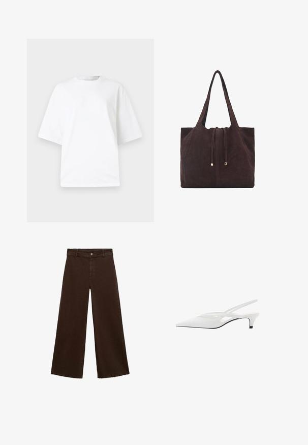 T-shirt alb din bumbac, cu gât rotund, mâneci scurte și o croială largă. Textură netedă, fără modele sau accente vizibile.; Pantaloni largi maro dintr-un amestec de bumbac, cu un tiv desfăcut, închidere cu buton frontal și un design clasic cu cinci buzunare. Minimalist și versatil.; Sandale albe cu toc slingback și vârf ascuțit, având un upper neted, decupaje subtile și un toc bloc mic. Talpa neagră accentuează designul.; Mango Geantă de pânză - dark brown