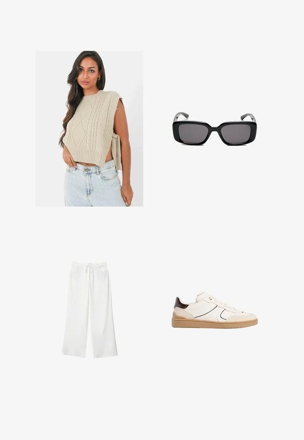Beige gebreide crop sweater met kabelpatronen, wijde armopeningen en een geribbelde zoom, gecombineerd met lichtgewassen denim shorts.; Witte wijde broek van zacht materiaal, met een koordsluiting in de taille en twee steekzakken. Soepele textuur en geen zichtbare patronen.; Stradivarius Sneakers laag - white; Zwarte rechthoekige zonnebril met donkere lenzen, een gladde kunststof montuur en gebogen pootjes. Het ontwerp is robuust met een minimalistische esthetiek.