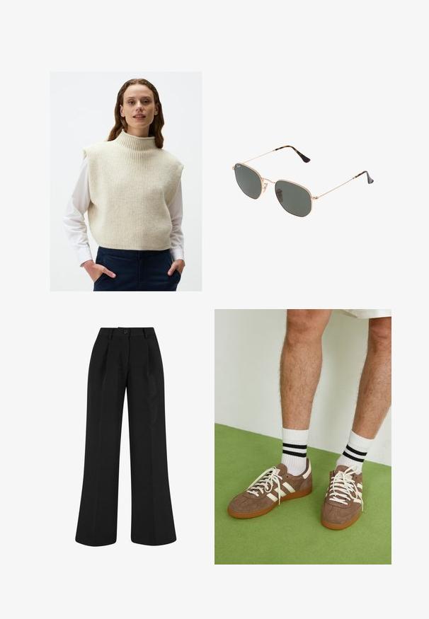 Pull en maille sans manches couleur crème avec un col haut côtelé et un tissu texturé, superposé à une chemise blanche à col.; Pantalons large noirs avec plis à l'avant, en tissu lisse. Présente une fermeture boutonnée et un design ajusté.; Baskets en daim marron avec des accents et des lacets blancs. Semelle en caoutchouc gomme. Portées avec des chaussettes blanches à rayures noires. Sol texturé vert.; Lunettes de soleil en métal doré avec des verres vert foncé, de style aviateur, dotées de branches fines et d'accents en écaille de tortue sur les embouts.; DRAGON DIFFUSION ROSANNA - Sac à main - dark brown