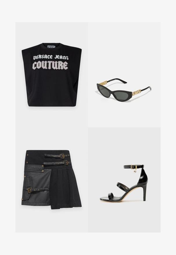 Čierne skrátené tričko s širokými rukávmi, na prednej strane s výrazným bielym nápisom "VERSACE JEANS COUTURE" posiatym kamienkami.; Čierna sukňa s koženými akcentmi, detailmi s prackami a kombináciou textúr. Obsahuje vrecko na ľavej strane a plisovaný dizajn.; Čierne lakované sandále s tromi pásikmi, spona na členku a 10 cm ihlovým podpätkom. Obsahujú zlaté detaily s hardwarem a logo prívesok.; Čierne slnečné okuliare v štýle mačacích očí s tmavými šošovkami, ktoré majú zlaté geometrické akcenty na straniciach a elegantný matný povrch.