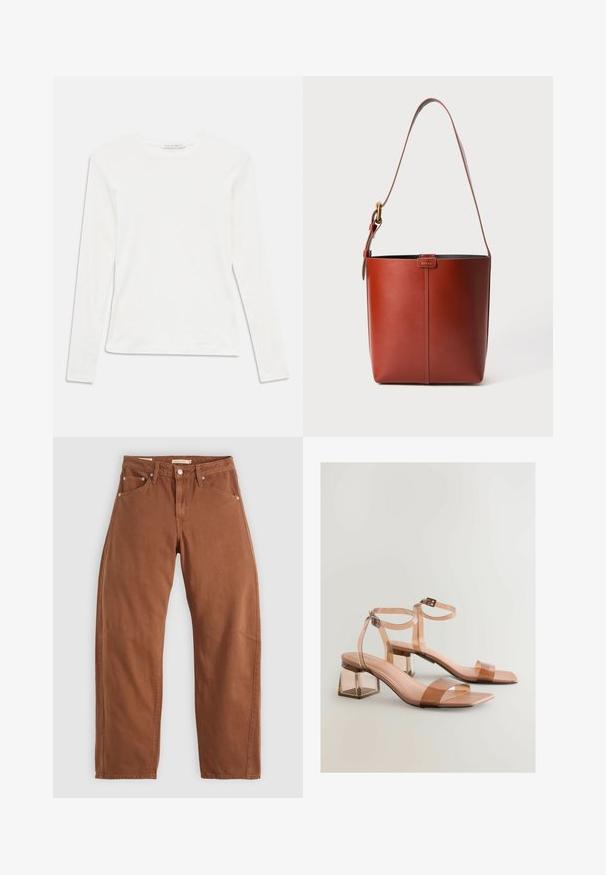 Fehér, hosszú ujjú, garbós póló, a nyakán egy kis "Tiger of Sweden" címkével, egyszínű háttér előtt.; Rozsdabarna egyenes szárú farmernadrág, elülső és hátsó zsebekkel, fém szegecsekkel, gombos záródással és övhurkokkal, síkban, fehér háttérre helyezve.; Átlátszó blokk sarkú szandálok testhez simuló, bőrszíjakkal, négyzet alakú orral és állítható bokapántokkal; sima textúra és fényes felület.; Barna bőr vödör táska állítható vállpánttal és aranyszínű csattal, egyszerű függőleges varrással az elején.