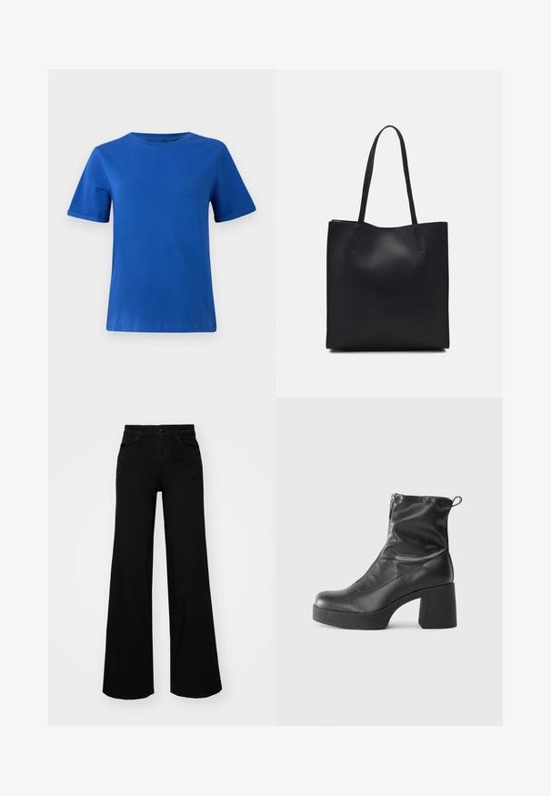 T-shirt de algodão azul com mangas curtas enroladas, colarinho redondo e texture suave. Design simples, sem padrões ou acentos.; Calças largas pretas em denim, com uma cintura estruturada, passantes para cinto e bolsos frontais. Textura suave com um design clássico.; Botas de tornozelo pretas feitas de couro liso, com fecho lateral, salto grosso texturizado e design de bico arredondado.; Bolsa tote preta em couro com textura lisa, forma retangular e duas alças longas. Sem hardware ou enfeites visíveis.