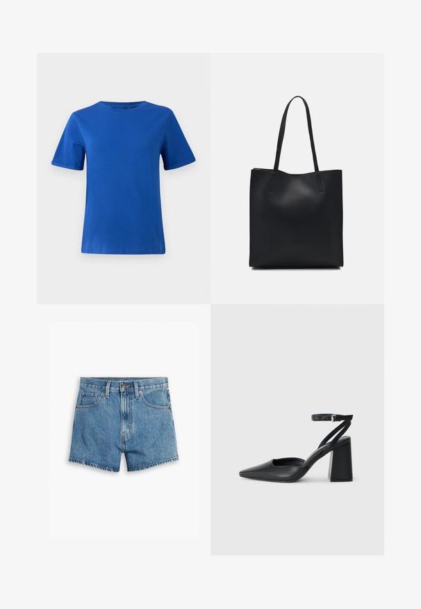 Zila kokvilnas T-kreklu ar īsām sarullētām piedurknēm, apaļu kakla izgriezumu un gludu tekstūru. Vienkāršs dizains, bez rakstiem vai akcentiem.; Gaiši zili džinsu šorti, kas aprīkoti ar piecām kabatām, rāvējslēdzēja aizdari un pogu aizdari. Apakšmala ir saplēsta, un izskats ir brīvs.; Melna ādas augstpapēžu kurpe ar norakstīto purngala formu, potītes siksniņu un masīlu papēdi. Gluda tekstūra, elegants dizains un minimālisma estētika.; Melnas ādas somiņa ar gludu tekstūru, taisnstūra formu un divām garām rokturiem. Nav redzamu aparatūras vai rotājumu.