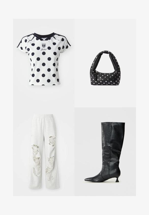 Λευκό πουκάμισο κοντομάνικο με μεγάλες μαύρες βούλες, με V-λαιμόκοψη και λογότυπο στην περιοχή του στήθους, φτιαγμένο από ένα απαλό, ελαστικό υλικό.; Ανοιχτό γκρί φόρμες με χαλαρή εφαρμογή, που διαθέτουν πολλαπλές φθαρμένες επιφάνειες, μαλακή υφή και ελαστική μέση.; Μαύρες μπότες από συνθετικό δέρμα μέχρι το γόνατο με γυαλιστερή υφή κροκοδείλου, μυτερή μύτη και λεπτό, γωνιώδες τακούνι. Κλασικός σχεδιασμός και κομψή σιλουέτα.; Μαύρη δερμάτινη τσάντα χειρός με καμπυλωτό χεράκι, διακοσμημένη με ασημένιες βούλες και κλείσιμο με φερμουάρ στη μία πλευρά.