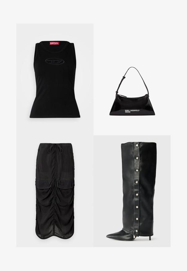 Camiseta preta sem mangas feita de algodão suave, apresentando um logótipo em relevo discreto no centro e um rótulo de marca vermelho na gola.; Saia midi preta feita de tecido leve. Apresenta detalhes franzidos, dois bolsos frontais e um cós com cordão para ajustabilidade.; Botas de salto alto em pele preta com um design ajustado, bico fino e detalhes em botão de pressão prateado ao longo do lado.; Bolsa de mão em couro sintético preto com formato triangular, apresentando um fecho de zíper no topo e alça ajustável. Logotipo "KARL LAGERFELD JEANS" em prateado.