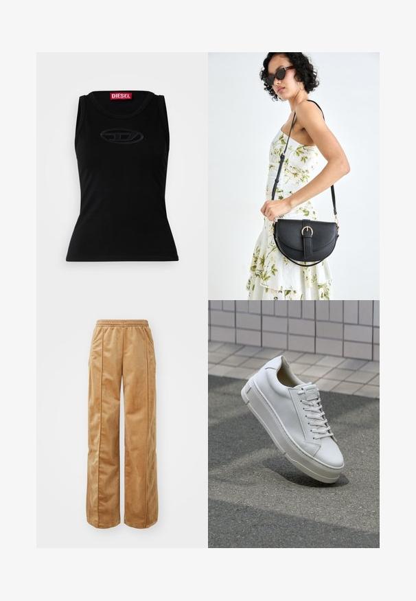 Canotta nera senza maniche realizzata in morbido cotone, con un logo in rilievo discreto al centro e un'etichetta rossa con il marchio nel colletto.; Pantaloni a gamba larga di colore beige, realizzati in un materiale morbido e vellutato. Presentano una vita elasticizzata e cuciture verticali sul davanti per un ulteriore dettaglio.; Sneaker bianca in pelle con design low-top, lacci piatti, punta arrotondata e lati testurizzati. Soletta in gomma spessa con accenti sottili.; Borsa a tracolla nera in pelle con una forma curva, manico rimovibile e accessori dorati. La borsa presenta una patta con un dettaglio a fibbia.
