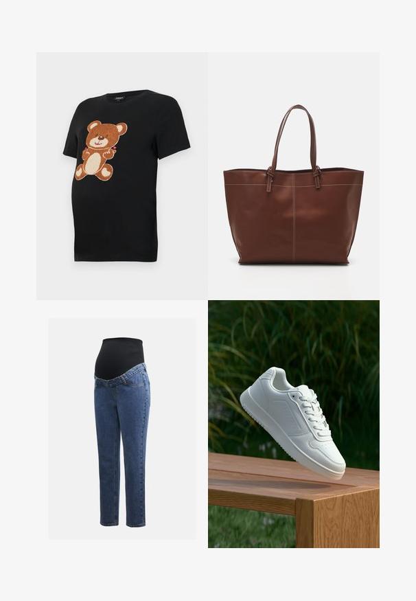 Čierne tehotenské tričko s veľkým, textúrovaným grafickým motívom hnedého medvedíka na prednej strane. Krátke rukávy a voľný strih.; Tehotenské jeansy s modrými denimovými nohavicami a čiernym elastickým brušným panelom navrhnuté na podporu a pokrytie rastúceho brucha.; Biele tenisky s hladkým syntetickým zvrškom, perforovanou špičkou, plochými šnúrkami a textúrovanou podrážkou, vystavené na drevenej ploche.; Hnedá kožená taška s dvojitými uchami, so kontrastným prešívaním a priestranným dizajnom, ideálna na každodenné použitie.