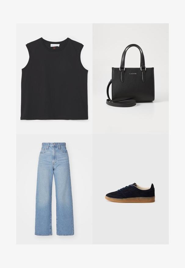 Victoria Beckham SLEEVELESS - Topper - black; Lys blå høytlivs vide jeans med knapp- og glidelås lukking foran, foran og bak lommer, på en hvit bakgrunn.; Navy blå semsket sneakers med såle av gummikaramell, blå lisser og minimalistisk design. Har preget logo på siden og glatt innerfôr.; Svart strukturert lærveske med korte håndtak og avtakbar skulderstropp. Har en sølvfarget "LACOSTE"-logo på forsiden.