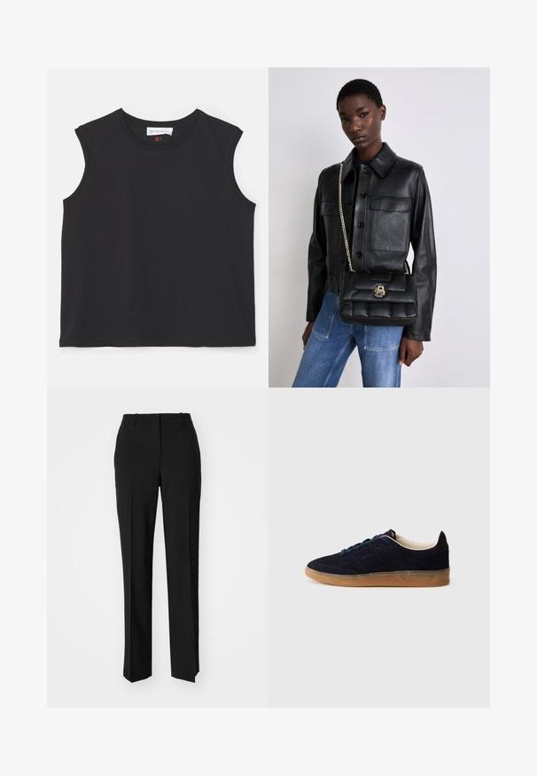 Victoria Beckham SLEEVELESS - Top - black; Black tailored trousers with a straight-leg design, featuring a smooth texture and crisp creases along the front. No visible hardware.; Navy suede sneaker with a gum rubber sole, blue laces, and minimalist design. Features embossed logo on the side and smooth inner lining.; Black leather jacket with button closure and two front pockets, paired with a black quilted handbag featuring a gold clasp and chain strap.