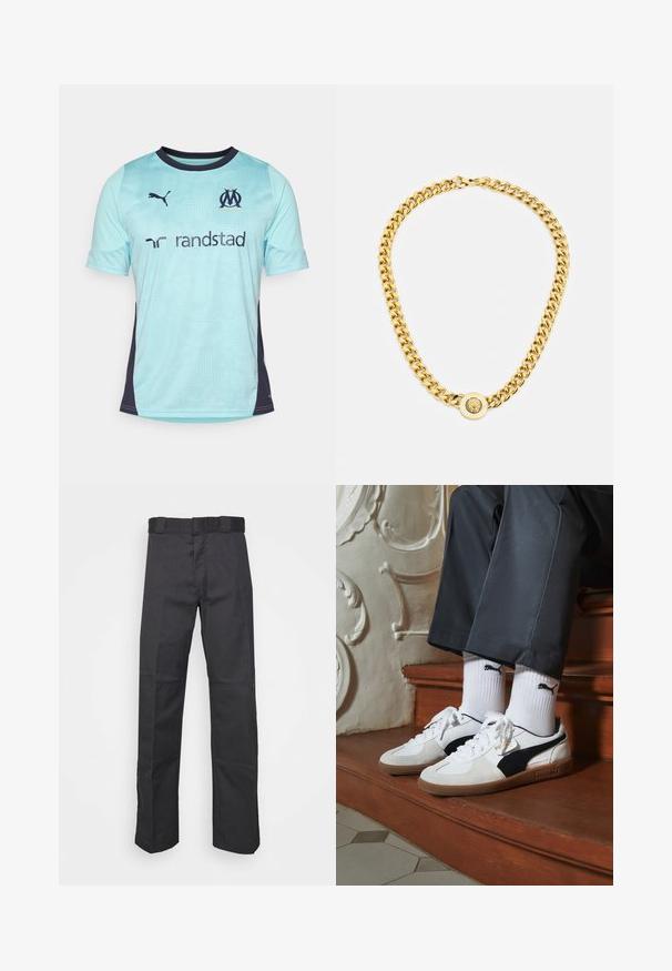 Šviesiai mėlyna trumpomis rankovėmis futbolo marškinėliai su tamsiai mėlynomis detalėmis, turintys tekstūruotą raštą, apvalią iškirptę ir logotipus ant krūtinės bei rankovių.; Juodos kelnės, pagamintos iš patvarios medžiagos, su tiesiais kaire, juosmeniu su diržo kilpomis ir siūlėmis, suteikiančiomis tekstūrą.; Puma sportbačiai baltoje ir juodoje zomšo spalvų derinys, su rudu guminio pado apdaila. Derinama su baltais kojiniais, kuriuose pavaizduota juoda logotipas, dėvimi su tamsiomis kelnėmis.; Auksinė grandinė su dideliais susijungusiais žiedais, centruje uždedamas apskritas pakabukas su iškilnia emblema.