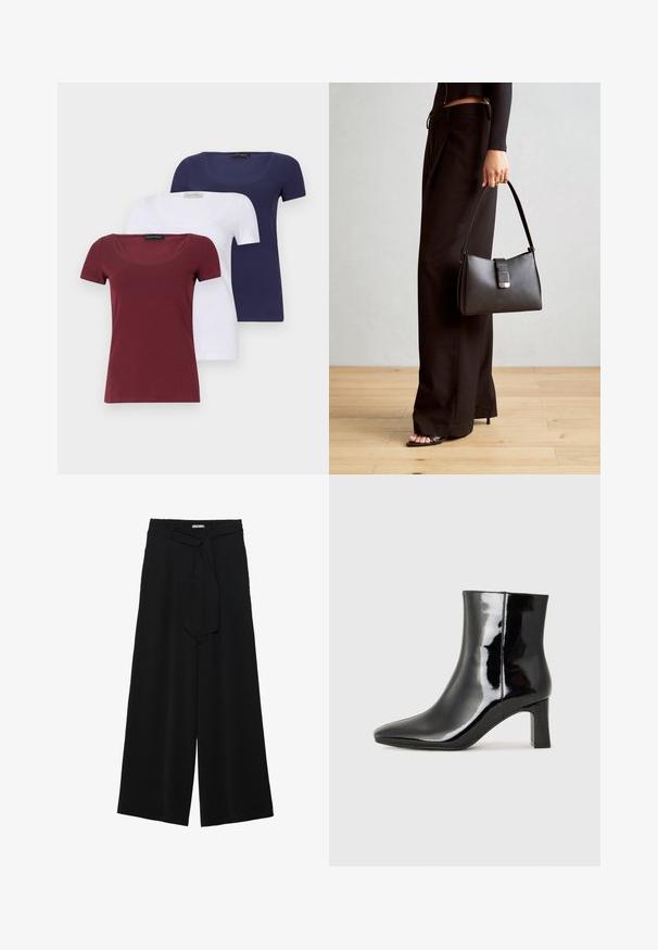 Conjunto de tres camisetas de manga corta: en color burdeos, blanco y marino. Cada una cuenta con un escote en forma de u y un diseño ajustado, fabricadas con una suave mezcla de algodón.; Pantalones de pierna ancha negros con un tejido texturizado, una cinturilla elástica y un lazo desmontable en la cintura para un ajuste ajustable.; Botín de charol negro con punta afilada y un tacón de bloque de altura media. Textura suave y diseño minimalista.; Bolso negro con forma estructurada, textura suave y un cierre metálico. Combinado con pantalones anchos negros y sandalias de dedo en un suelo de madera.