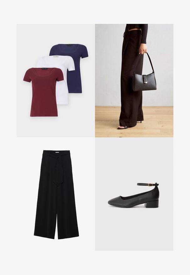Set de trei tricouri cu mânecă scurtă: cărămiziu, alb și bleumarin. Fiecare are un gât rotund și un design pe corp, realizat dintr-un amestec neted de bumbac.; Pantaloni largi negri dintr-un material texturat, cu un tiv elastic și o panglică detașabilă la talie pentru un fit ajustabil.; Pantof cu toc negru din piele, cu vârf ascuțit și toc mic pătrat. Dispune de o curea la gleznă cu o cataramă în tonuri de aur. Textură netedă.; Genți negre cu o formă structurată, textură netedă și un închizător metalic. Asortată cu pantaloni negri largi și sandale cu vârf deschis pe un podea din lemn.
