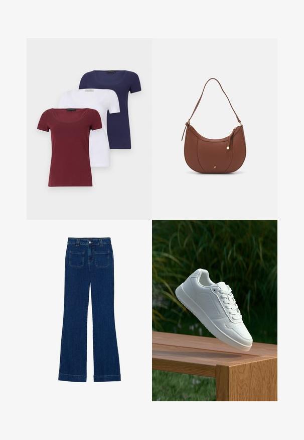 Kolme lühikese varrukaga T-särki: tumepruun, valge ja tumesinine. Igal särgil on ümmargune kaelus ja kitsas lõige, valmistatud pehmest puuvilla segust.; Tumedat sinised flared teksad, millel on sile tekstuur, viie tasku disain ja nupuga kinnitamine vööl.; Valged sneakerd, millel on sile sünteetiline ülemine osa, väikeste aukudega varvaskast, lamedad paelad ja tekstuuriga tald, eksponeeritud puidust pinnal.; Pruun faux nahast õlaline kott, millel on kaarjas kuju, minimaalne õmblemine ja kuldse tooni metallist aksessuaar. Omab ülemist tõmblukku ja reguleeritavat rihma.