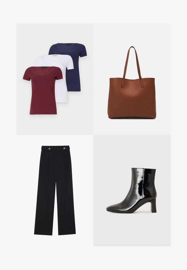Conjunto de três t-shirts de manga curta: bordeaux, branca e azul-marinho. Cada uma apresenta um decote redondo e um design ajustado, confeccionadas em uma mistura de algodão suave.; Calças largas pretas com cintura alta, detalhes em botão na cintura e pregas frontais.; Botim de tornozelo em pele sintética preta com bico apontado e salto bloco de altura média. Textura suave e design minimalista.; Bolsa tote de couro castanho com uma textura suave, design de abertura superior e duas alças para o ombro. Apresenta costura mínima e sem hardware visível.