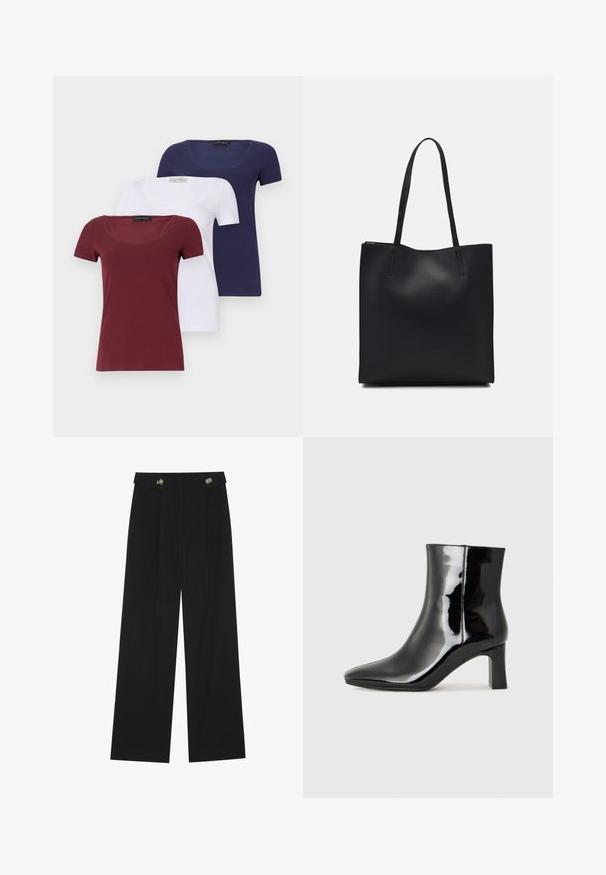 Conjunto de três t-shirts de manga curta: bordeaux, branca e azul-marinho. Cada uma apresenta um decote redondo e um design ajustado, confeccionadas em uma mistura de algodão suave.; Calças largas pretas com cintura alta, detalhes em botão na cintura e pregas frontais.; Botim de tornozelo em pele sintética preta com bico apontado e salto bloco de altura média. Textura suave e design minimalista.; Bolsa tote preta em couro com textura lisa, forma retangular e duas alças longas. Sem hardware ou enfeites visíveis.