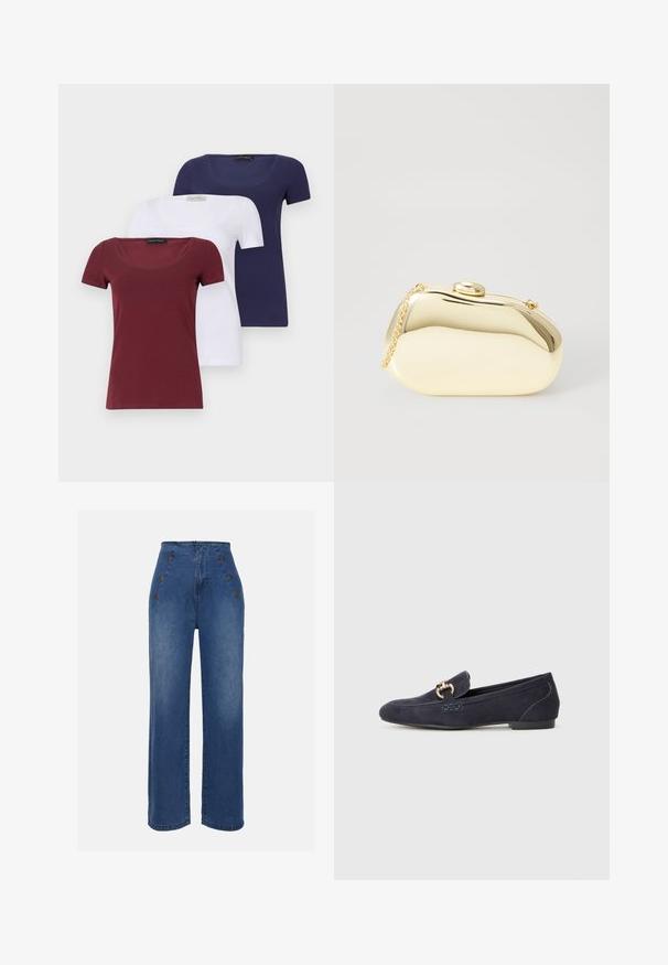 Conjunto de tres camisetas de manga corta: en color burdeos, blanco y marino. Cada una cuenta con un escote en forma de u y un diseño ajustado, fabricadas con una suave mezcla de algodón.; Jeans de mezclilla de talle alto en azul medio. Presenta detalles de botones en la parte frontal y un diseño de pierna ancha. La tela tiene una textura suave con un ligero desvanecimiento.; Mocasín de ante azul marino con punta redondeada, que presenta un detalle decorativo de cadena de metal y un tacón bajo con costuras en contraste.; Clutch metálico dorado con una forma suave y redondeada, que presenta un cierre de botón en la parte superior y una pequeña correa de cadena para llevar.