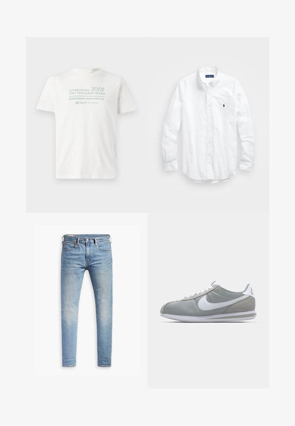 Hvid bomulds t-shirt med teksten "Etableret 2007" og "Northern Aesthetics" i lyseblå, med rund halsudskæring og korte ærmer.; Hvid langærmet skjorte i bomuld. Har en klassisk krave, knapmanchetter og et lille marineblåt broderet logo på brystet.; Lyseblå slim-fit jeans med let slid på lårene, frontlukning med knap, bæltestropper og fem lomme-design på en hvid baggrund.; Grå atletisk sko med overdækning i ruskind og tekstil, hvid Nike swoosh og hvide snørebånd. Har en struktureret gummisål og polstret krave.