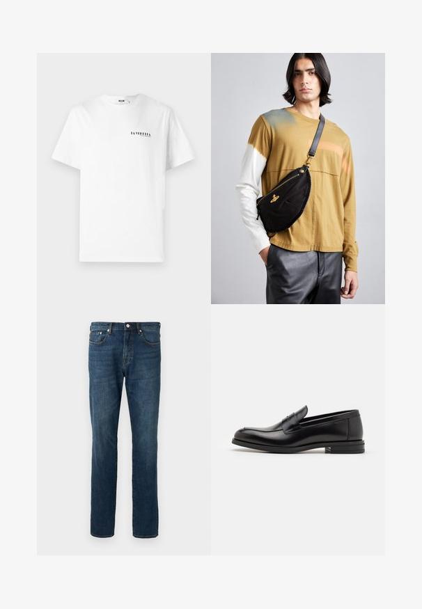 Biała bawełniana koszulka z okrągłym dekoltem, z małym czarnym napisem "LA VEDDITA" na lewej piersi.; Granatowe dżinsy z prostą nogawką, pięć kieszeni, zapięcie na guziki, z subtelnymi przetarciami i detalami w szwie. Gładka tekstura.; Czarne skórzane mokasyny o gładkiej fakturze, zaokrąglonym nosku i dekoracyjnym pasku na przodzie. Niski, warstwowy obcas, minimalistyczny design.; Vivienne Westwood CITY UNISEX czarny