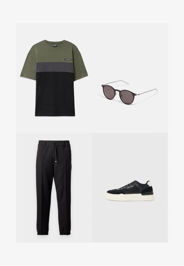 Žalias trumpomis rankovėmis marškinėliai su pilkomis ir juodomis horizontaliomis juostelėmis, apvaliu iškirpimu ir mažu EA7 logotipu viršutiniame kairiajame krūtinės kampe.; Juodos kelnės su juosmeniu, raišteliu ir elastingais rankogaliais. Yra raukšlės ir lygus, tekstūruotas audinys.; Juodos sportinės bateliai, pagaminti iš tinklinės medžiagos ir odos, su storu baltu padu ir kontrastingais akcentais. Raišteliai ir logotipo detalės šone.; Juodos apvalios saulės akinių su tamsiais lęšiais ir plonomis metalinėmis šakomis. Įtraukti skaidrūs šventyklų galai ir sidabriniai akcentai vyrio srityje. Minimalistinis dizainas.