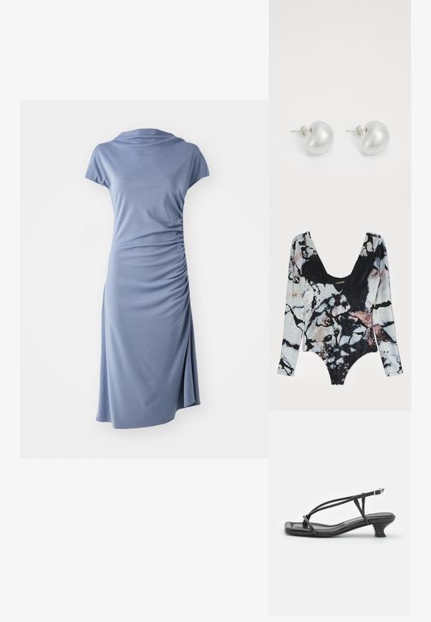 Body cu mânecă lungă, cu un imprimeu din marmură, având un decolteu adânc, material texturat și culori vii de negru, gri și roz pal.; Rochie cu mânecă scurtă dintr-un material albastru deschis, cu decolteu în formă de cowl și plisare laterală, având o siluetă lejeră și un tiv până la genunchi.; Sandale negre din piele cu curele subțiri, toc mic pătrat și vârf pătrat. Prezintă o închidere cu cataramă și o textură netedă.; Geantă de mână albă texturată, cu un design strâns, având o curea de lanț aurie. Finisaj neted cu valuri subtile și margini rotunjite.; Cercei din perlă argintie cu o formă curbată, asemănătoare unei boabe. Suprafață netedă și strălucitoare, asigurată cu un sistem de fixare tip tijă și spate.