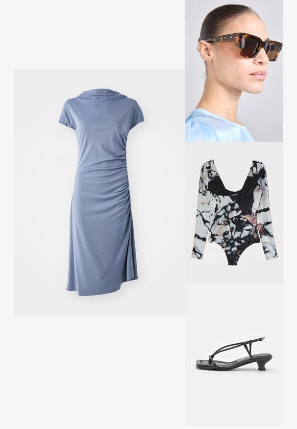 Body z długim rękawem w marmurkowym wzorze, z głębokim dekoltem w serek, teksturowanym materiałem oraz żywymi kolorami czerni, szarości i różu.; Sukienka z krótkim rękawem w jasnoniebieskim kolorze, z dekoltem typu cowl i marszczeniem po bokach, o luźnym kroju i długości do kolan.; Czarne skórzane sandały z cienkimi paskami, niskim blokowym obcasem i kwadratowym noskiem. Posiadają zapięcie na klamrę i gładką teksturę.; Okulary przeciwsłoneczne w kolorze żółwim z masywną, prostokątną oprawką. Ciemne soczewki i złote akcenty na zausznikach. Gładkie, błyszczące wykończenie.; Biała torebka kopertowa o teksturowej powierzchni z marszczeniem, z złotym łańcuszkiem. Gładkie wykończenie z delikatnymi falami i zaokrąglonymi krawędziami.; Srebrne kolczyki perłowe w zakrzywionym, fasolowym kształcie. Gładka, błyszcząca powierzchnia, z zamknięciem na stalowy szpikulec i zatyczkę.