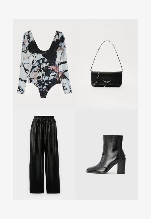 Bodysuit de manga larga con estampado de mármol, que presenta un escote profundo en forma de scoop, una tela texturizada y vibrantes colores negro, gris y rosa empolvado.; Pantalones anchos de cuero negro con cintura elástica, que cuentan con dos bolsillos laterales y una textura suave y brillante.; Botín negro de cuero con textura suave, puntera puntiaguda y un tacón alto y robusto. Presenta una apertura lateral y un diseño minimalista.; Bolso de mano de cuero negro con una correa de cadena plateada, que presenta acentos decorativos en forma de alas y costuras blancas a lo largo de la costura inferior.