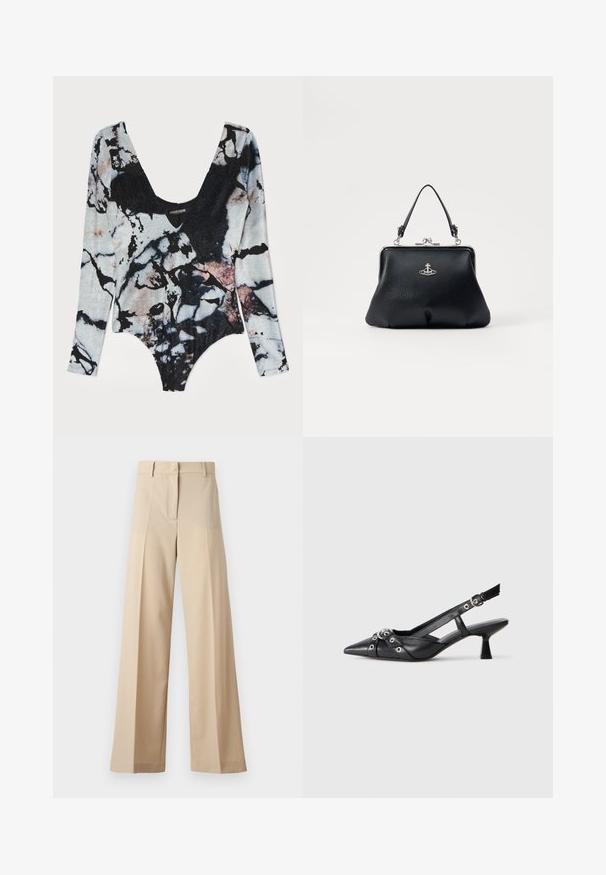 Långärmad bodysuit i marmorprint, med en djup rund halsringning, texturerad tyg och livfulla färger i svart, grått och rosé.; Beiga vida byxor i mjukt tyg, med en flat front med veck, dragkedja och bälteshällor. Skräddarsydd passform.; Svart lädersko med slingback-design, spetsig tå, dekorativa remmar med metallöglor och en låg klack. Texturerad yta.; Svart läderhandväska med en texturerad yta, silverfärgade beslag, spänne och ett kort handtag för bärande. Kompakt och strukturerad design.