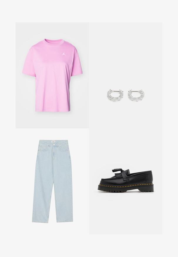 Jordan TEE - Paprasti marškinėliai - orchid; Šviesiai mėlynos plačios džinsinės kelnės, pagamintos iš džinsinio audinio, su vidutiniu juosmens aukščiu, penkiomis kišenėmis ir mygtuko uždarymu, papuoštu siauru metaliniu akcentu.; Juodas odinis loaferis su kutais, turintis masyvų juodą pado ir geltonus siūlus palei kraštą. Textūruota danga.; Sidabriniai auskarai su žiedu, kuriuose yra stačiakampių ir trikampių skaidrių kristalų, sukomponuotų apskritimu, su centriniu tvirtinimo tašku.