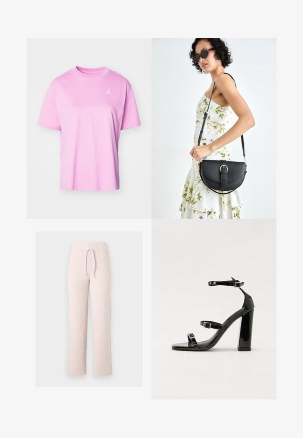 Jordan TEE - T-shirt basic - orchid; Lichtroze fleece pyjamabroek met een gestructureerd oppervlak, elastische tailleband en verstelbaar trekkoord. Rechte pijpen, zacht materiaal.; Zwarte gepatenteerde sandalen met hak en een vierkante neus, enkelbandjes en zilveren gespen. Heeft een stevige blokhak voor stabiliteit.; Zwarte leren handtas met een gebogen vorm, afneembare schouderband en gouden hardware. De tas heeft een klep met een gespsluiting.