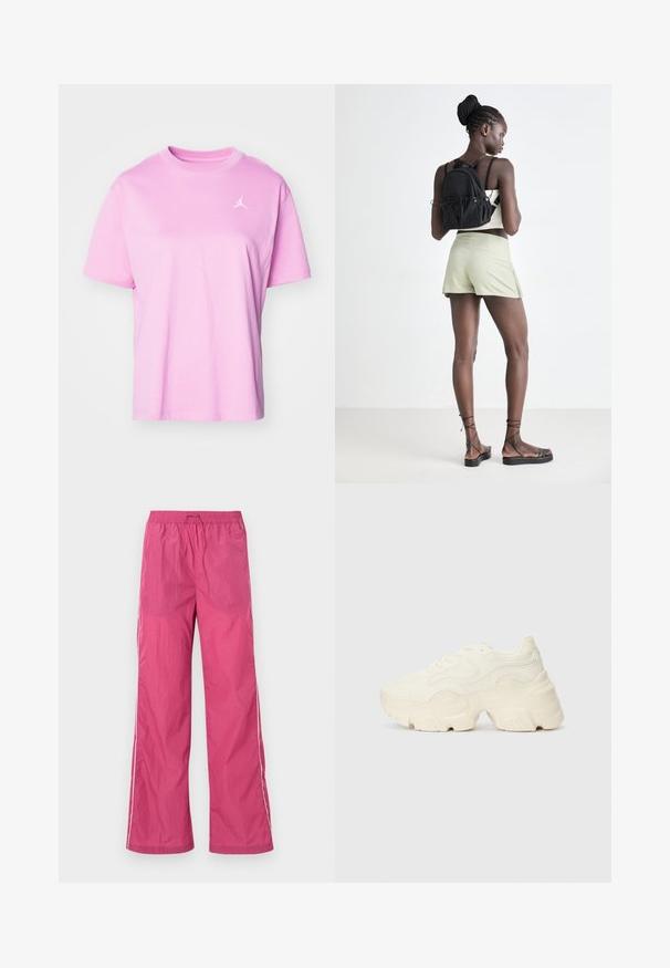 Jordan TEE - T-Shirt basic - orchid; Leichte, rosa Hosen mit Gummizug in der Taille, weitem Bein und weißen Seitestreifen. Glatte Textur, geeignet für die Freizeit.; Flockige weiße Sneaker aus strukturiertem Mesh und synthetischen Materialien, mit einer dicken Sohle und komplizierten Mustern entlang der Seiten.; Schwarzer Zugbeutel-Rucksack, hellgrüne Shorts, beige Oberteil und schwarze Sandalen mit Riemen. Das Model posiert von hinten vor einem hellen Hintergrund.