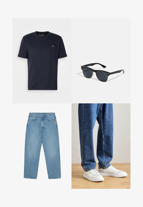 Tamsiai mėlyna medvilnės marškinėliai su trumpomis rankovėmis, apvaliu iškirpimu ir mažuoju išsiuvinėtu logotipu krūtinėje. Lygus paviršius, kasdieniško dizaino.; Šviesiai mėlyni džinsai su plačiomis kojomis ir aukštu liemeniu, turintys penkias kišenes, diržo kilpas ir švelnų, šiek tiek išblukusį tekstūrą.; Balti sportiniai bateliai su guminiais padais, su perforuotomis detalėmis šonuose, derinami su laisvais, šviesiai mėlynais džinsais, ant medinio grindų paviršiaus.; Juodos saulės akinių su stačiakampiu rėmeliu, tamsiais lęšiais, sidabrinėmis detalėmis šventrajose ir matinio paviršiaus rėmeliu.