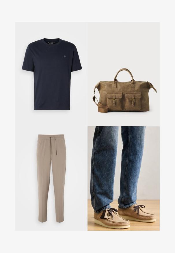 T-shirt de algodão azul marinho, com mangas curtas, gola redonda e pequeno logótipo bordado no peito. Textura lisa, design casual.; Calças bege claras com cintura elástica, cordão ajustável e pernas ajustadas. O tecido parece suave com um leve brilho.; Mocassins em camurça na cor tan com detalhe em castanho escuro, bico arredondado e sola branca acolchoada. Apresenta design com atacadores e costuras decorativas.; Mala de viagem em couro castanho com dois bolsos frontais, alça de ombro ajustável, acessórios dourados e alças superiores robustas. Textura suave.