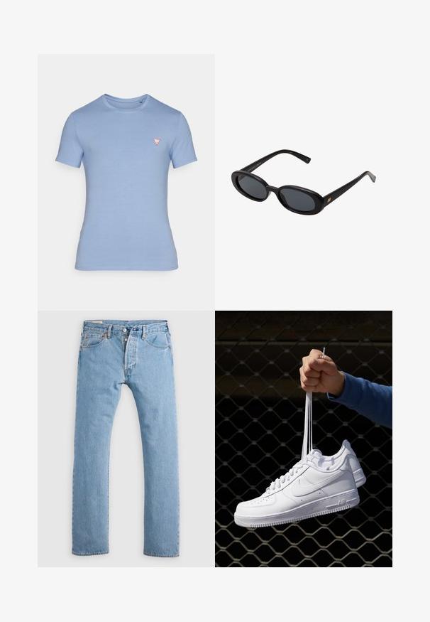 T-shirt de manga curta azul claro, feito de algodão. Apresenta um decote redondo e um pequeno logótipo triangular vermelho no peito.; Jeans de denim de corte straight-leg em azul claro, com fecho de botão, passantes para cinto e bolsos frontais e traseiros, apresentados sobre um fundo branco.; Sapatilhas de couro branco com perfurações, biqueira redonda, sola plana e atacadores grossos, apresentando um logotipo swoosh visível e "AIR" no calcanhar.; Óculos de sol pretos oversized com lentes ovais, armação de plástico suave e detalhes em dourado nas hastes. As lentes escuras oferecem proteção solar.