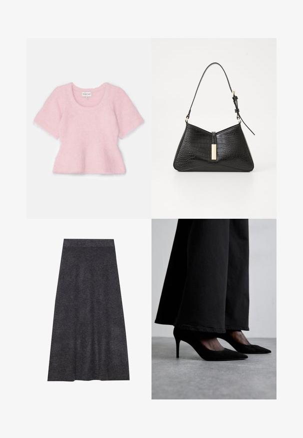 Roze peplumtop met korte mouwen, gemaakt van een zachte, pluizige stof. Heeft een ronde hals en een uitlopende zoom. Etiket zichtbaar aan de binnenkant.; Donkergrijze, knielange gebreide rok met een zachte textuur en een tailleband. A-lijn silhouet met een gelijkmatige zoom, ontworpen voor comfort en veelzijdigheid.; Zwarte suède hoge hakken met puntige neuzen, gedragen met zwarte wijde broekspijpen, hebben een slank ontwerp en een subtiele glans.; Zwarte handtas van faux krokodillenleer, met een driehoekige vorm, een slanke schouderband en een goudkleurige hardware-accent in het midden.; Zwarte handschoenen van transparante stof met gestructureerde bloemen- en cirkelpatronen. Lange uitvoering met een soeverein afwerkings en een labeldetail op één handschoen.