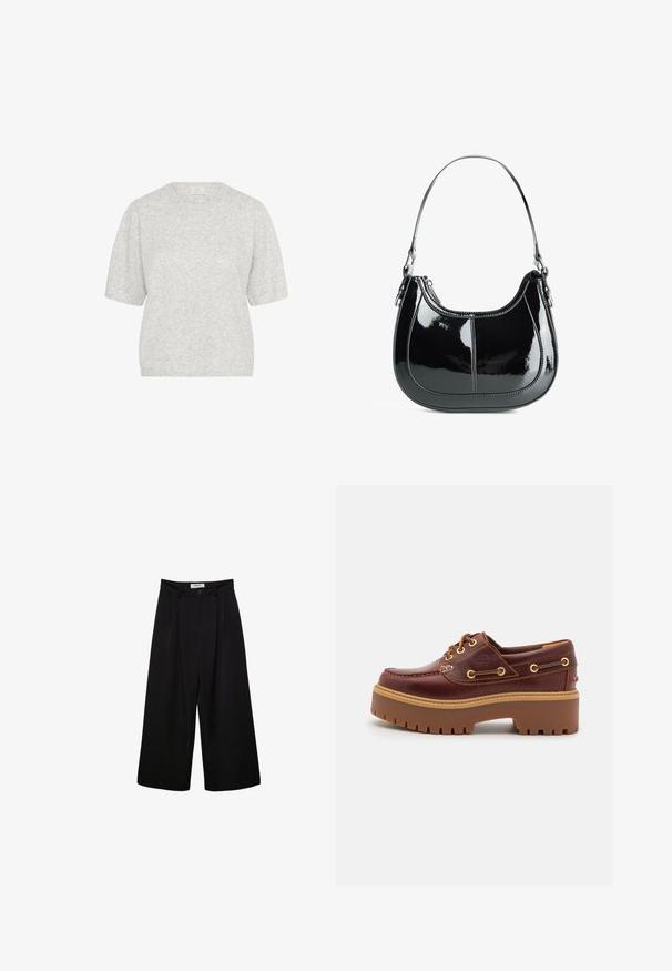 Lys grå kortermet sweater, rund hals, blød tekstur, let løs pasform, med minimal meleret mønster og ribbet kantdetaljer.; Sorte brede bukser med høj talje, plisseret front og knaplukning. Lavet af glat stof med en skræddersyet design.; Brune læder bådsko med en kraftig brun gummisål, gyldne snørehuller og kontraststing. Har et logo på siden.; Sort patent læder håndtaske med en buet design, lynlåslukning og en enkelt skulderrem med sølvfarvet hardware og syninger som accents.