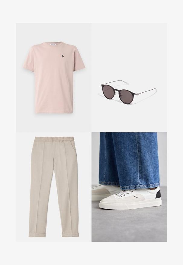 T-shirt a maniche corte di colore rosa chiaro realizzato in morbido tessuto. Presenta un piccolo logo esagonale nero sul lato sinistro del petto. Design a taglio dritto.; Filippa K TERRY CROPPED TROUSERS - Pantaloni - sage melange; Sneaker bianche e nere con parte superiore in pelle liscia, dettagli testurizzati e suola bianca spessa. Presentano un classico design con lacci.; Occhiali da sole neri rotondi con lenti scure e sottili bracci in metallo. Include punte trasparenti e accenti argentati alla cerniera. Design minimalista.