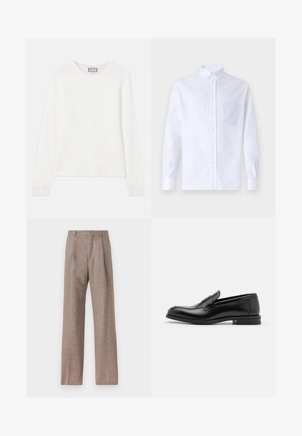 Weißes Langarm-Rippstrickoberteil mit Rundhalsausschnitt und engen Bündchen. Mit einem Etikett mit der Aufschrift "PAUL & JOE" am Kragen.; Weißes Langarm-Hemd mit Knöpfen aus Baumwolle, ausgestattet mit einer Brusttasche mit tonalem Stickerei, einem Kragen und Knopfmanschetten.; Braune, hochtaillierte Hose aus strukturiertem Stoff. Mit weitem Bein und zwei vorderen Bügelfalten für zusätzliche Form. Saubere Verarbeitung ohne sichtbare Hardware.; Schwarze Lederloafers mit glatter Textur, rundem Zehenbereich und einem dekorativen Riemen über dem Vorderfuß. Niedriger, gestapelter Absatz, minimalistisches Design.