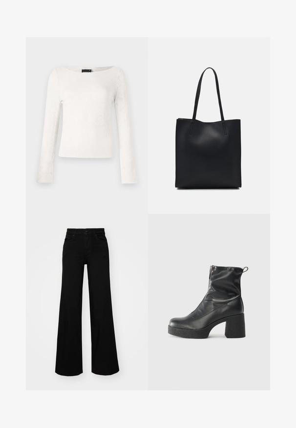 Balta ilgomis rankovėmis palaidinė su gėlių tekstūruotu raštu, apvaliu iškirpimu ir siauru siluetu. Minkšta medžiaga su glotnaus paviršiumi.; Juodos plačios kelnės iš denimo, turinčios struktūruotą juosmenį, diržo kilpas ir priekines kišenes. Lygus paviršius su klasikinio dizaino elementais.; Juodos kulkšninių botai, pagaminti iš lygaus odos, su šoniniu užtrauktuku, masyviu tekstūruotu kulnu ir apvaliu pirštu.; Juodas odinis tote krepšys su lygia tekstūra, stačiakampio formos ir dviem ilgais rankenomis. Matomų metalinių detalių ar puošybos nėra.