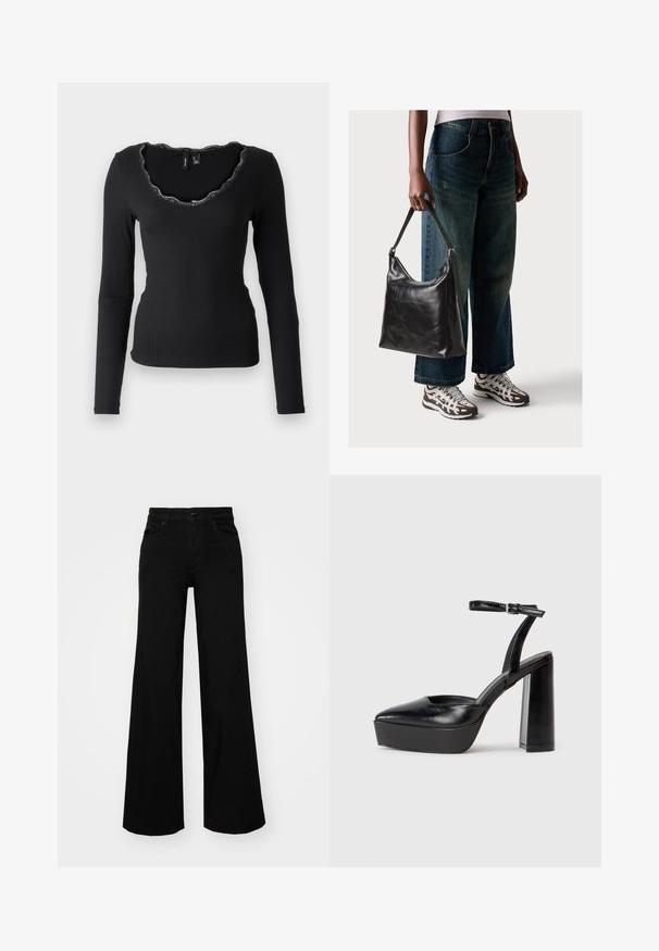 Vero Moda VMMILY V NECK - Ilgarankovis viršutinės dalies drabužis - black; Juodos plačios kelnės iš denimo, turinčios struktūruotą juosmenį, diržo kilpas ir priekines kišenes. Lygus paviršius su klasikinio dizaino elementais.; Juodi platforminiai aukšti kulniukai su smailiu kojų pirštu ir reguliuojamu kulkšnies dirželiu. Pagaminti iš lygaus odos, turi masyvų blokinį kulną.; Juodas odinis peties krepšys su lygiu paviršiumi ir reguliuojama dirželiu, derinamas su nublukusiais plačiapurčiais džinsais ir sportiniais batais.