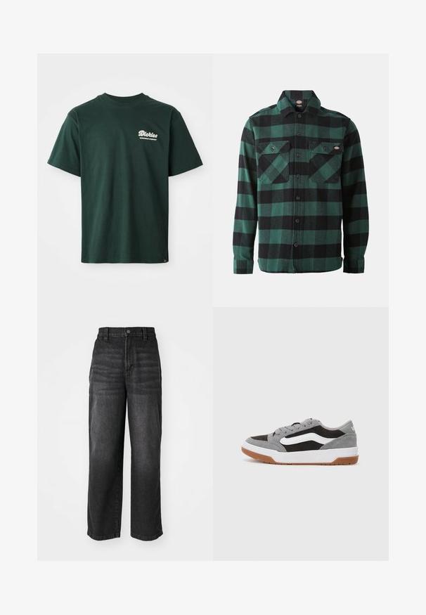 Zelené bavlněné tričko s kulatým výstřihem, krátkými rukávy a bílým logem na levé horní straně. Lehce uvolněný střih a hladká textura.; Zeleno-černá kostkovaná flanelová košile s dlouhými rukávy, zapínání na knoflíky, dvěma náprsními kapsami a klasickým límcem. Měkká textura, univerzální design.; Černé džíny s širokými nohavicemi a vysokým pasem, zapínání na knoflík a design s pěti kapsami. Měkčí textura se slabě vybledlým vzhledem.; Šedé a černé semišové tenisky s bílými detaily a gumovou podešví, s kulatou špičkou a šněrováním.