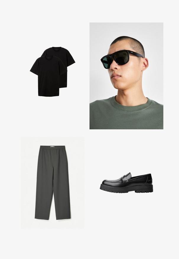 T-shirt in cotone nero, colletto a giro, maniche corte, vestibilità rilassata, con un piccolo logo sul lato sinistro in basso, venduti in un set di due.; Pantaloni larghi a vita alta di colore grigio scuro realizzati in tessuto leggero. Vita elasticizzata, senza motivi visibili e con tasche laterali.; Mocassino in pelle nera con suola spessa e tassellata e fascia decorativa sulla parte superiore, mostrato in profilo sinistro su sfondo bianco.; Occhiali da sole rettangolari neri con lenti scure, caratterizzati da una forma distintiva e un marchio sulla parte tempiale. Indossati da una persona con una maglietta verde.; Guanti in pelle nera caratterizzati da una superficie liscia, un design elegante e cuciture in evidenza lungo le dita, con una punta leggermente arrotondata su ciascun dito.