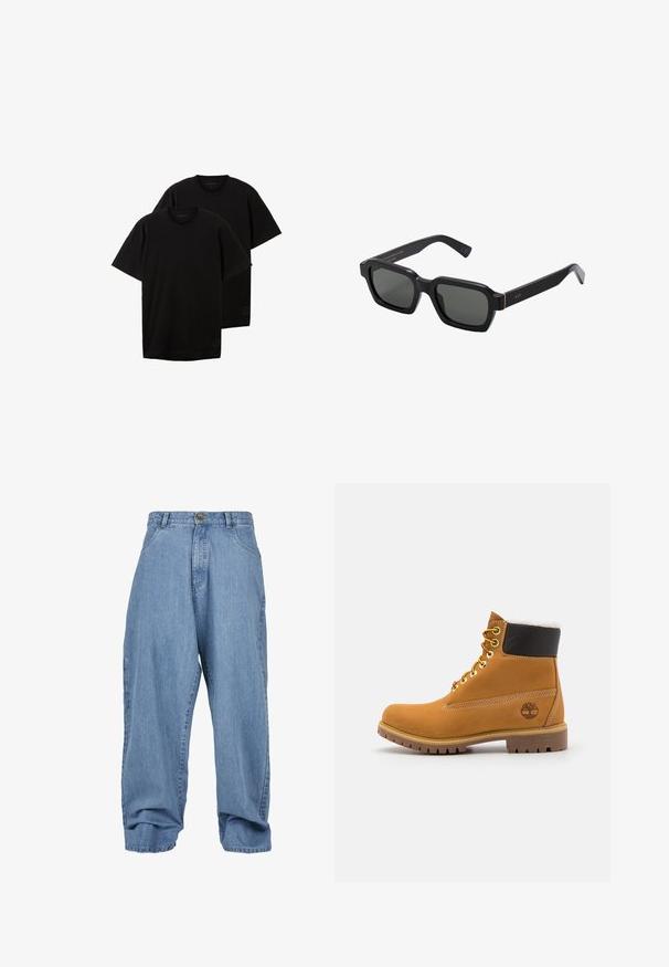 Sorte bomulds t-shirts, rund hals, korte ærmer, afslappet pasform, med et lille logo på den nederste venstre side, solgt som et sæt af to.; Lysblå denimbukser med løst fit, knaplukning, forlommer og cuffed kant, der har et klassisk fem-lomme design.; Brune læder ankelstøvle med metaløjer, hvid pelsforing, sort polstret krave, robust sål og præget logo på siden.; Sorte, firkantede solbriller med grå linser. Tykt plastisk stel med guld detaljer og branding på stangen. Glat tekstur.