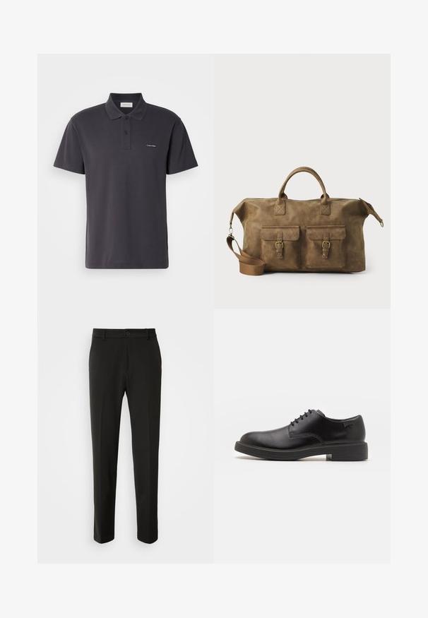 Tmavě šedé polo tričko vyrobené z hladkého materiálu, s límečkem, dvoubarevným zapínáním na knoflíky a malým vyšitým logem na hrudi.; Černé kalhoty vyrobené z hladkého materiálu, s rovnými nohavicemi, zapínáním na knoflík a klasickým designem vhodným pro formální i neformální nošení.; Černé kožené šněrovací boty s kulatou špičkou, hladkým povrchem, minimálním prošíváním a nízkým gumovým podpatkem. Logo na patě.; Hnědá kožená cestovní taška s dvěma předními kapsami, nastavitelným ramenním popruhem, zlatými kovovými prvky a pevnými horními uchy. Hladký povrch.