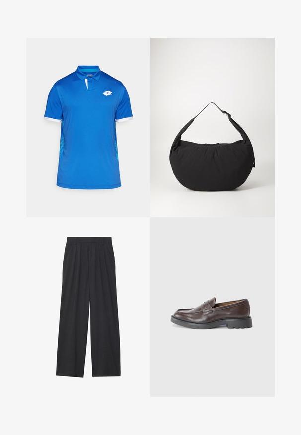 Kék póló fehér gallérral és részletekkel, geometrikus mintával az oldalain. Könnyű, sima anyagból készült.; Sötétszürke anyagból készült, bő szárú nadrág. Ráncokkal a deréknál, elegáns fazonnal és egyenes sziluettel rendelkezik.; Barna bőr loaferek sima felülettel, kerek orral, minimális varrással és vastag fekete gumitalppal. Nincs látható fém vagy díszítés.; Fekete szövet válltáska ívelt formával, egyetlen pánttal és cipzáras záródással. Puha tapintás, minimalista dizájn.