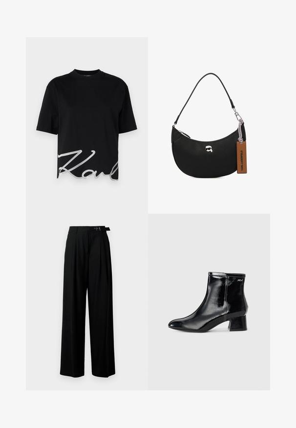 KARL LAGERFELD OVERSIZED SIGNATURE HEM - Pamata T-krekls - black; Melni plaši bikses ar augsto jostasvītru, priekšā ar krokojiem un jostu ar sprādzi. Izgatavotas no gludas, vieglas auduma.; KARL LAGERFELD BONNIE - Klasiski puszābaki - black; Melnas ādas rokassomu ar akmens struktūru, izliekta forma, augšējā rāvējslēdzēja aizvēršana, sudraba detaļas un brūns birkas. Iespējas logotipa akcentam.