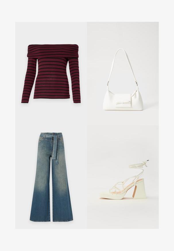 Burgundijas off-shoulder garām piedurknēm virs tops ar melnām horizontālām svītrām, ar saplacinātu kakla izgriezumu un pieguļošu siluetu. Mīksta auduma tekstūra.; Platām kājām džinsu bikses ar gaismas līdz tumši zilam gradientam, augstu jostas līniju, jostas cilpām un atbilstošu auduma jostu. Tekstūrēts džinsas apdare.; Baltas augstpapēžu sandales ar masīvu papēdi, ar siksnu dizainu un potītes saistītiem elementiem. Gluda tekstūra ar platformu priekšpusē, lai nodrošinātu papildu augstumu.; Balta sintētiska soma ar trīsstūrveida formu, plakanu priekšējo vāciņu un loku detaļu, regulējamu siksnu, gludu tekstūru un minimālistisku dizainu.
