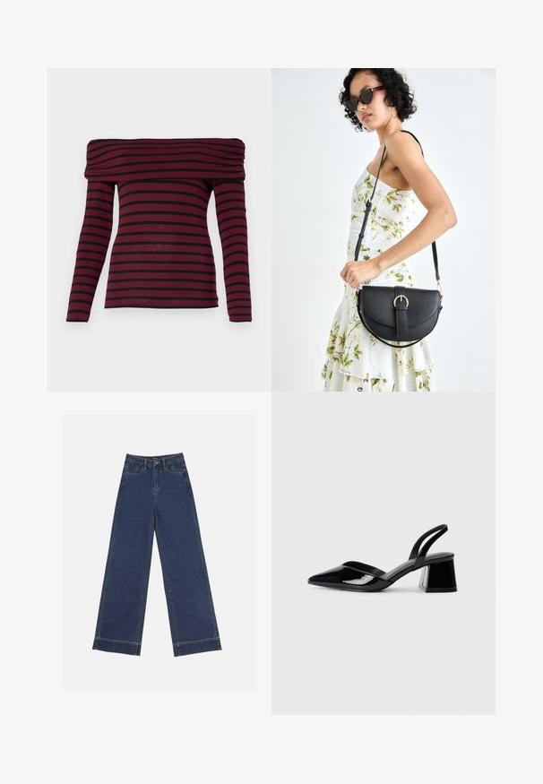 Burgundi színű, vállt szabadon hagyó, hosszú ujjú felső fekete vízszintes csíkokkal, összegyűrt nyakkivágással és testhez simuló szabással. Puha anyagtextúra.; Sötétkék denim széles lábú farmernadrág. Öt zsebbel, övhurkokkal és nyers szegéllyel az alján, amelyen látható varrási részletek találhatók.; Fekete lakk bőr szandálkés magas sarkú cipő, hegyes orral és geometrikus tömbsarkakkal. Karcsú, minimalista dizájn és sima textúra jellemzi.; Fekete bőrtáska ívelt formával, levehető pánttal és arany színű fémrészekkel. A táskán egy csattal díszített fedél található.