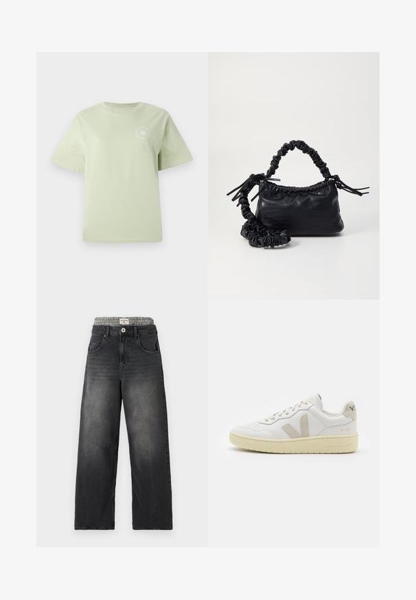 Hele roheline puuvillane T-särk ümmarguse kaelusega, lühikeste varrukatega ja ringikujulise graafilise trükkimisega rinnaosa. Pehme tekstuur, mugav lõige.; Mustad denimist laiad püksid, millel on kassi-loomakaubaga vöökoht. Omadused hõlmavad eespool taskuid ja nuppleclosingut. Kulunud tekstuur.; Valge nahast tenniseking, millel on beežist siidist aktsent ja aukudega varvas, lame paelad ja tekstureeritud koorevärvi tallad. Omab nüansirikast brändimist kannal.; Must must sünteetilisest nahast käekott, millel on krokodillimuster, kokku tõmmatav ülaosa ja kortsus rihm. Tundub pehme ja kompaktne disain.