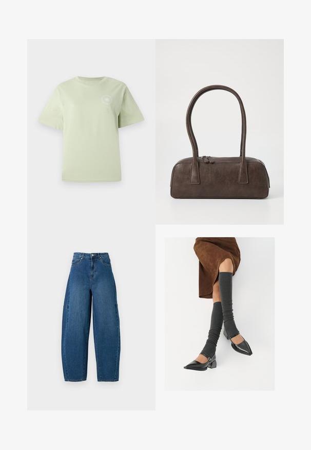 Lichtgroene katoenen t-shirt met een ronde halslijn, korte mouwen en een cirkelvormige grafische print op de borst. Zachte textuur, relaxte pasvorm.; Denim spijkerbroek in een medium blauwe wassingen, met een hoge taille, wijde broekspijpen en een standaard vijf-pocket ontwerp met zichtbare stikseldetails.; Zwarte gepatineerde leren pumps met een puntige neus, een blokhak en een enkelbandje, gecombineerd met grijze geribde beenwarmers en een bruine suède rok.; Bruine leren handtas met twee stevige handvatten, rechthoekige vorm, gladde textuur en ritssluiting. Minimalistisch ontwerp zonder zichtbare patronen.