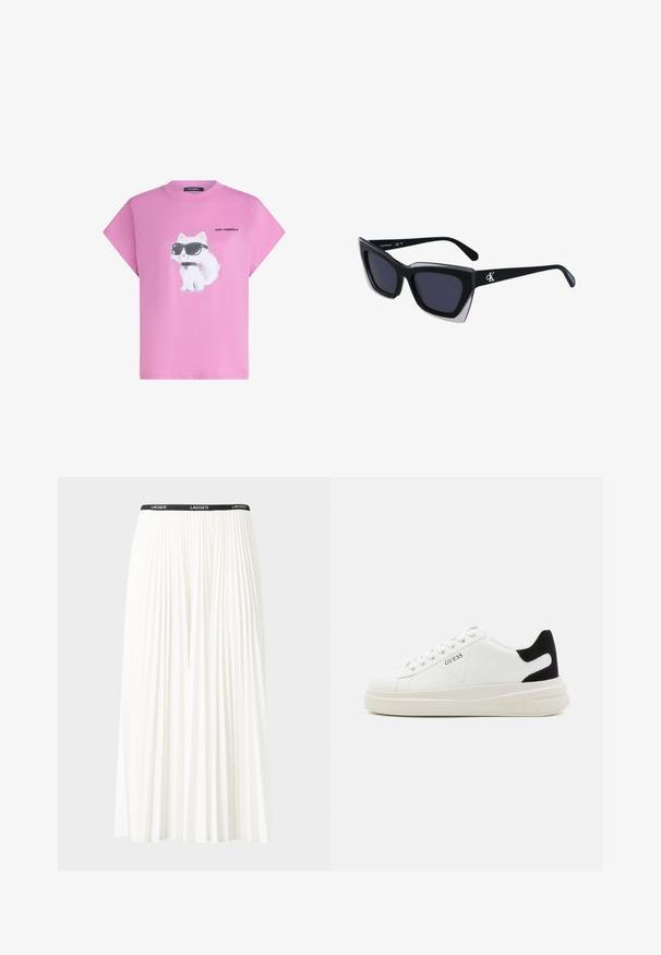 Rosa T-Shirt mit einer weißen Katze, die schwarze Sonnenbrille und ein Halsband trägt, der Text "Karl Lagerfeld" neben der Katze auf der Vorderseite gedruckt.; Faltenrock aus Weiß mit einem schwarzen elastischen Bund, der das "LACOSTE"-Logo trägt. Mittellanges Design mit weicher Textur.; Weiße Leder-Sneaker mit einer dicken weißen Sohle, schwarzem Wildlederakzent an der Ferse und geprägtem Logo an der Seite. Schnürdesign mit sechs Ösen.; Schwarze übergroße Sonnenbrille mit geometrischer Form, ausgestattet mit dunklen Gläsern und einem kontrastierenden grauen Detail im Rahmen. Logo am Bügel.
